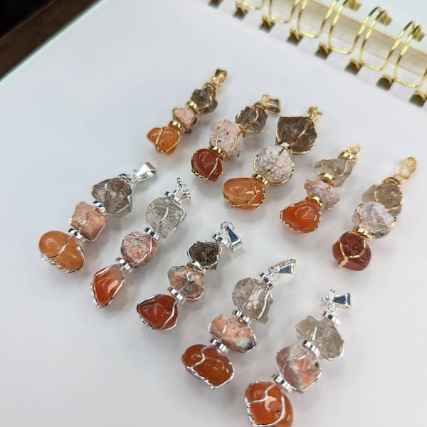Triple Stone Pendants (Smokyquartz, Orange Calcite and Cornelian) (with wire) (24k Gold plated or Silver plated)(Wholesale Accesories)