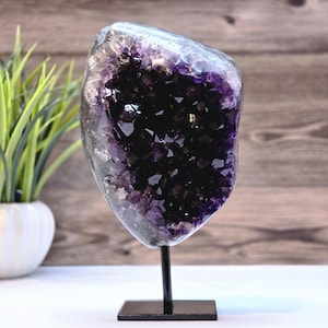 Amethyst Geode on Metal Stand – Polished Display with Deep Purple Crystals