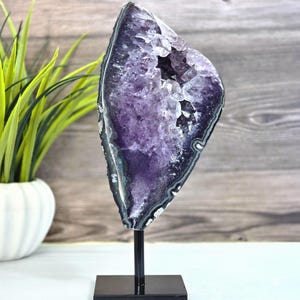 Polished Amethyst Slice with Druzy Cavity – Purple Crystal Decor on Stand
