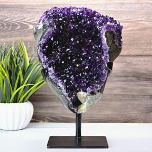 XLarge Amethyst Geode with Calcite – Deep Purple Crystal Cluster on Metal Stand