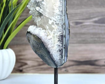 White Calcite & Clear Quartz Geode on Metal Stand – Uruguay Crystal with Sugar Druzy Formation
