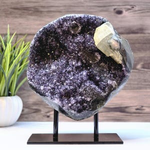 Large Amethyst Geode with Calcite Formation – Natural Crystal Display on Stand