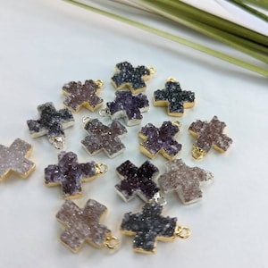 Electroplated Druzy Cross Pendants: 24k Gold or Silver Plated (15mm)