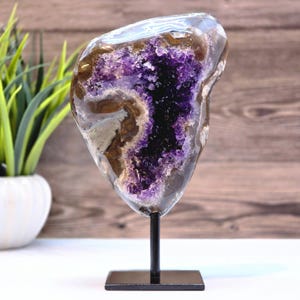 Polished Amethyst Geode with Rich Brown Agate – Crystal on Metal Stand for Strength & Elegance