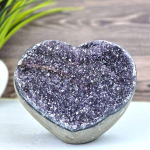 Large Amethyst Heart Geode – Dark Purple Druzy Crystal with Natural Basalt Base