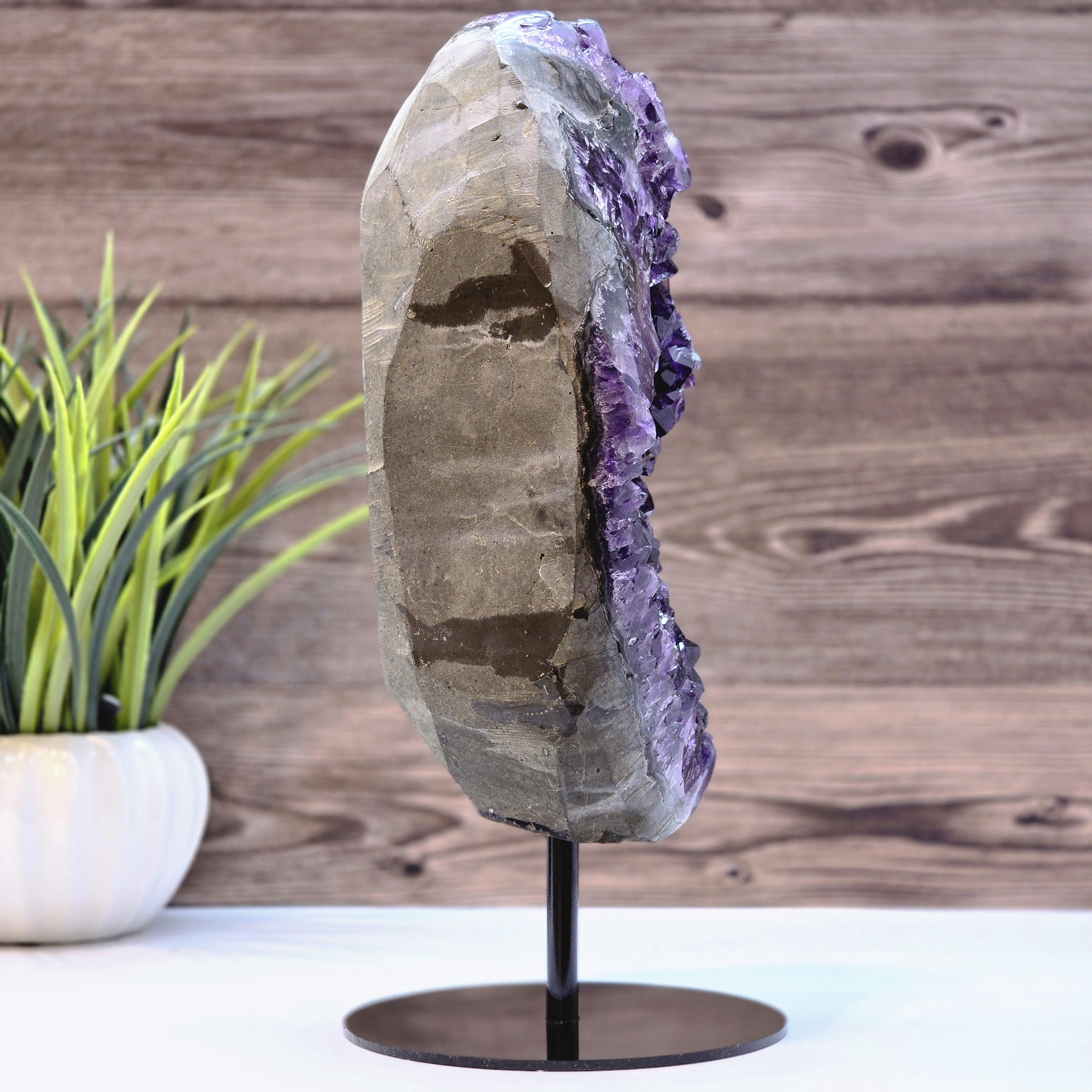 丸い台座に置かれた大きなアメジストジオード - 深い紫色のポイントが