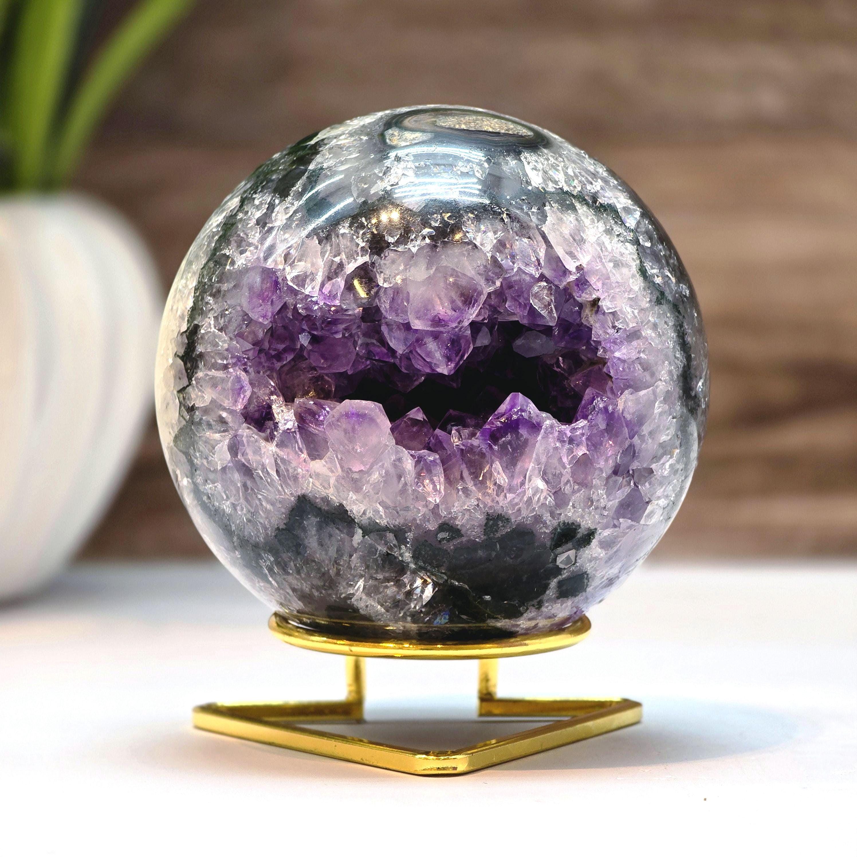 Amethyst Geode Sphere – Polished Crystal Ball with Deep Purple Core