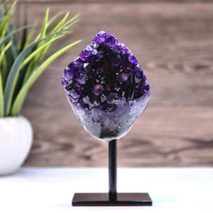 Deep Amethyst Crystal Geode – High-Luster Display on Metal Stand