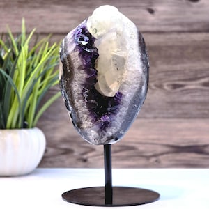 Large Amethyst Geode with Rare Calcite Formation – Collector’s Crystal on Metal Stand