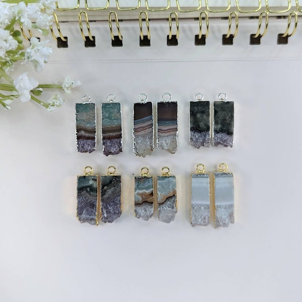 Amethyst Slice Pairs (Rectangle Shape) (with Electroplated) (24k Gold plated or Silver plated)(Wholesale Accesories)(Jewelry Supply)Handmade