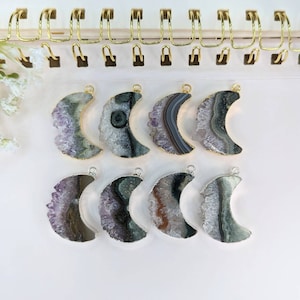 Amethyst Slice Pendants (Moon Shape) (with Electroplated) (24k Gold plated or Silver plated)(Natural)