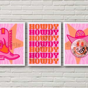 Preppy Cowgirl Wall Prints - Set of 3 - Yeehaw, Howdy, and Disco Cowgirl - Pink and Orange (Digital Download)