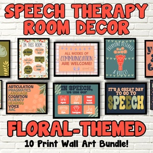 Pacote de decoração de sala de terapia de fala com tema FLORAL - arte de parede SLP colorida e inspiradora, conjunto de 10, download digital