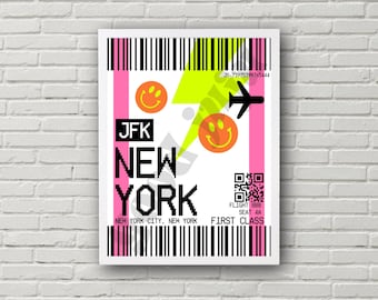 May include: A pink and white boarding pass with a barcode, a yellow lightning bolt, and a smiley face. The text reads "JFK NEW YORK" and "NEW YORK CITY, NEW YORK". The boarding pass also includes a QR code, flight number 888, seat 4A, and "FIRST CLASS".