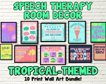 TROPICAL Theme Speech Therapy Room Decor Bundle - Colorful, Inspiring SLP Wall Art, Set of 10, Digital Download