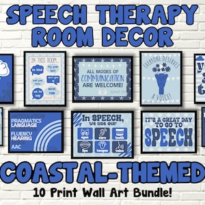 Pacote de decoração de sala de terapia de fala com tema COASTAL - arte de parede SLP colorida e inspiradora, conjunto de 10, download digital