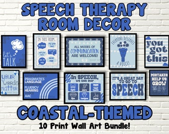 Paquete de decoración de sala de terapia del habla con tema COASTAL - Arte de pared SLP colorido e inspirador, conjunto de 10, descarga digital