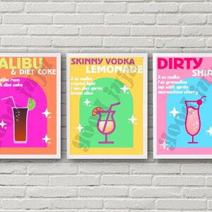 Bar Cart Drink Prints - Zestaw 3 - Malibu & Coke, Dirty Shirley, Skinny Vodka Lemonade (Pobieranie cyfrowe)