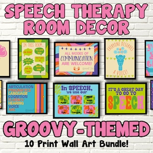 Pacote de decoração de sala de terapia de fala com tema GROOVY - arte de parede SLP colorida e inspiradora, conjunto de 10, download digital