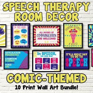 Pacote de decoração de sala de terapia de fala com tema COMIC - arte de parede SLP colorida e inspiradora, conjunto de 10, download digital