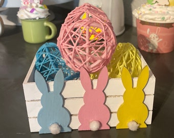 Easter/Spring Tier Tray Mini Crate with 3 Bunnies Blue, Pink and Yellow Peep Cottontail Shelf Sitter