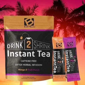 May include: A package of "DRINK 2 SHRINK Instant Tea" with the text "Caffeine Free Detox Herbal Infusion". Two smaller packets of the same tea are also visible, one orange and one purple. The background features a sunset and palm trees.