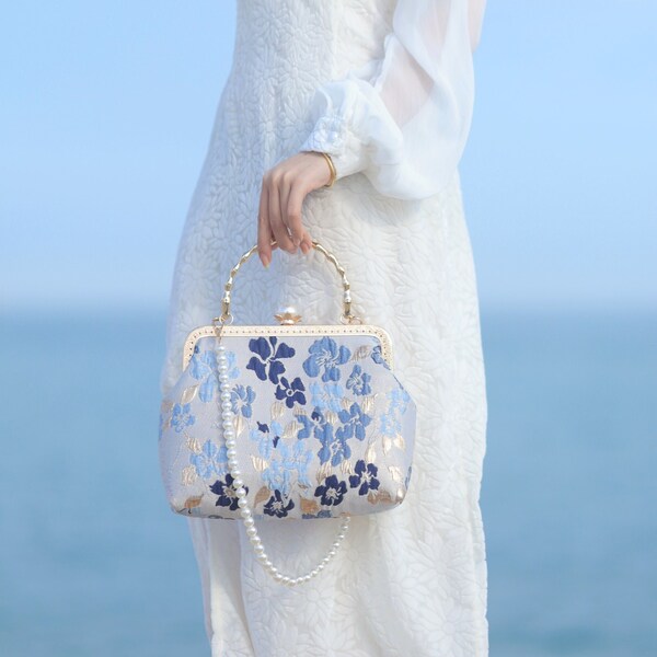 Blue Flowers Vintage Handbag; High Quality Velvet Handbag/Shoulder Bag; Pearl Drop; Unique Niche Design; Birthday Gift; Wedding & Party