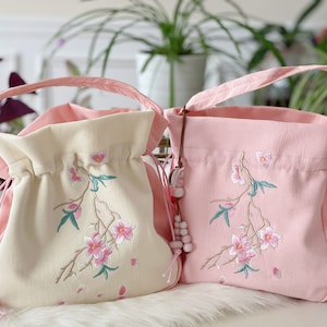 Pink Embroidered Floral Lightweight Small Canvas Bag;Vintage Bag;High Quality Bag;Sakura Bag;Niche Design; Ready to Ship; Birthday Gift