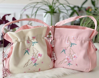 Pink Embroidered Floral Lightweight Small Canvas Bag;Vintage Bag;High Quality Bag;Sakura Bag;Niche Design; Ready to Ship; Birthday Gift