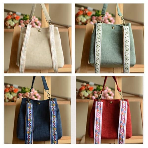 Embroidered Ribbon Shoulder Strap Bucket; Solid Color Simple Linen Bag; Small Fresh Handbag;High Quality  Bag;Special Birthday Gift;4 colors