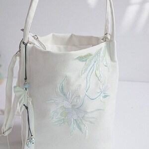 Embroidered Floral Lightweight Canvas Bucket bag; Lotus/Camellia/Epiphyllum; High Quality Bag; Birthday Gift; Vintage Bag