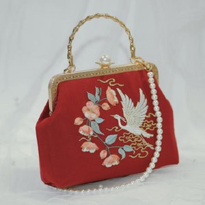 Red/Blue Embroidered Crane/Ginkgo leaf Vintage Bag;High Quality Handbag Bag; Pearl Drop; Unique Niche Design; Birthday Gift; Wedding & Party