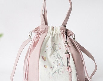 Large Embroidered Floral Lightweight Canvas Bag; Vintage Bag; High Quality Shoulder Bag; Sakura; Niche Bag; Spring and Summer; Birthday Gift