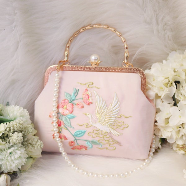 Pink/White/Blue Embroidered Crane Vintage Bag;High Quality Handbag Bag; Pearl Drop; Unique Niche Design; Birthday Gift; Wedding & Party