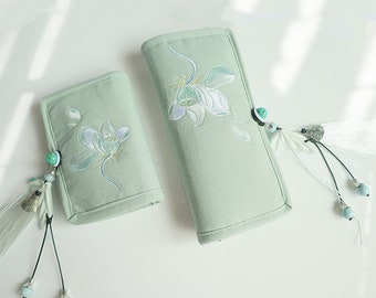 Embroidered Lotus Green Canvas Wallet;  Vintage Wallet; Unique Niche Design; Birthday Gift; Lunar New Year Gift; Gift for Her; Asian Style