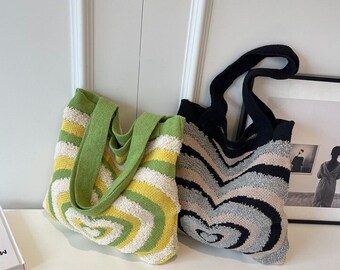 Love Stripe Contrasting Color Woven Tote; Women's Large Capacity Shopping Handbag;  Bucket Bag; Commuting Bag; Knitted Should Bag; Yarn Tote