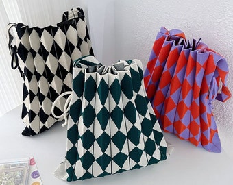 Accordion Bag; Plaid Folded Woven Tote; Women's Large Capacity Handbag; All-match Bucket Bag; Commuting Bag;Knitted Pleats Shoulder Bag