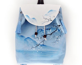 Blue/Green/White Hand Painted Landscape Canvas Backpack; Vintage Bag; Student Large Capacity Lightweight Bag; Niche Design; Birthday Gift