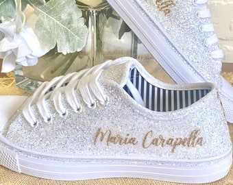 Personalized White Glitter Bride Sneakers with Gold Writing for Wedding, Birthday, Special Occasion, Bling Bridal Shoes, Sparkle Sneakers