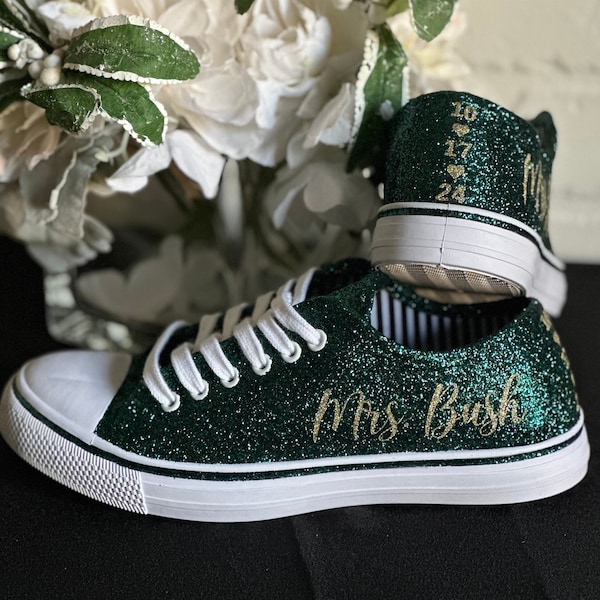 Hunter Green Glitter Wedding Sneakers with Gold Glitter Personalization, Custom Sparkle Sneakers for Bride, Bling Wedding Shoes for Bride