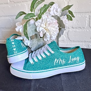 Personalized Teal Aqua Blue Green Glitter Sneakers for Wedding Bride Bridal Party Bachelorette Party Something Blue Shoes