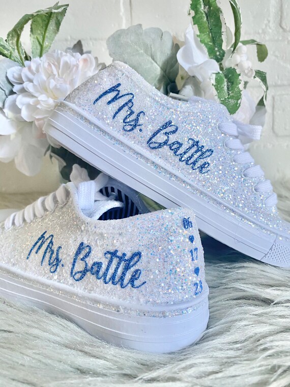 White Glitter Bride Sneakers With Blue Personalized Writing for