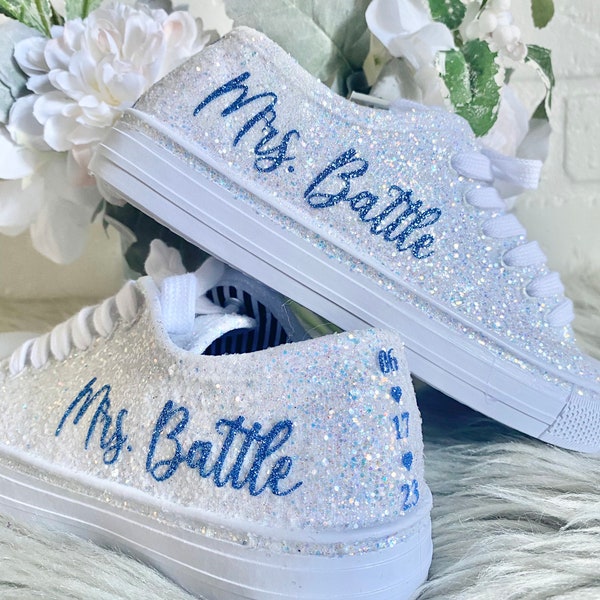 White Glitter Bride Sneakers with Blue Personalized Writing for Wedding, Bride, Bridal, Bling Bridal Shoes, Something Blue, Sparkle Sneakers