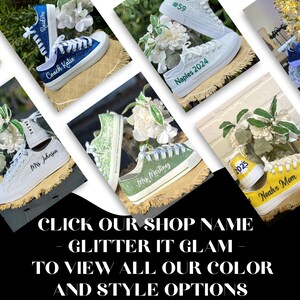 May include: A collection of personalised glitter trainers with various designs and text, including "Coach Katie", "Mrs. Johnson", "Mrs. Martinez", "Naples 2024", "Noah's Mom", and "2025".