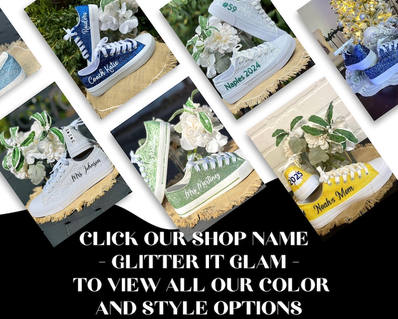 May include: A collection of personalised glitter trainers with various designs and text, including "Coach Katie", "Mrs. Johnson", "Mrs. Martinez", "Naples 2024", "Noah's Mom", and "2025".