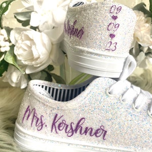 Personalized White Glitter Bride Sneakers with Purple lettering for Wedding, Bling Bridal Shoes, Sparkle Sneakers, Custom Purple Bride Shoes
