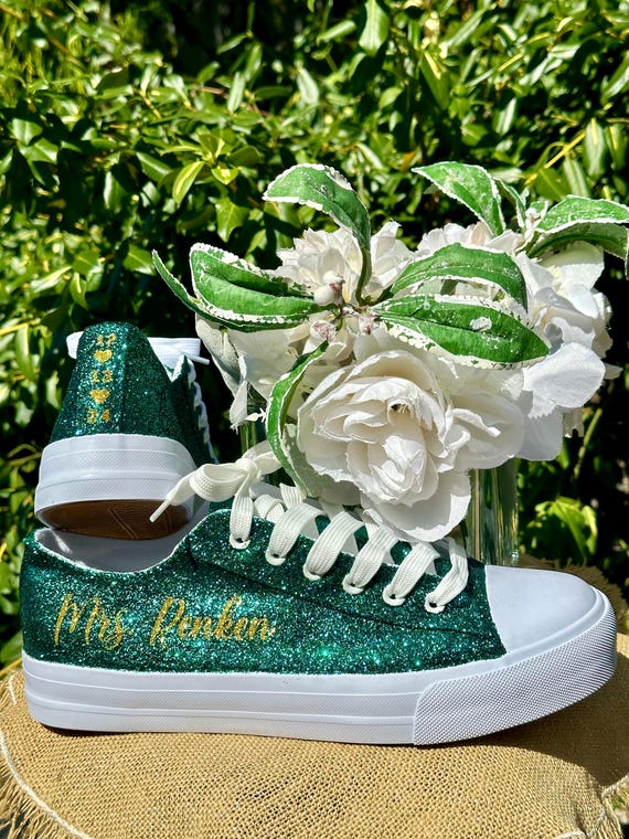 Hunter Green Glitter Wedding Sneakers, Gold Personalization, Sparkle Bride Shoes Hunter Green Glitter Wedding Sneakers, Gold Personalization, Sparkle Bride Shoes