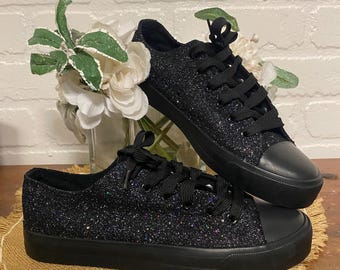Black Glitter Wedding Sneaker for Bride, Black Glitter Sneakers for Birthday, Quinceanera,  Cheer Mom, Black Sparkle Sneakers