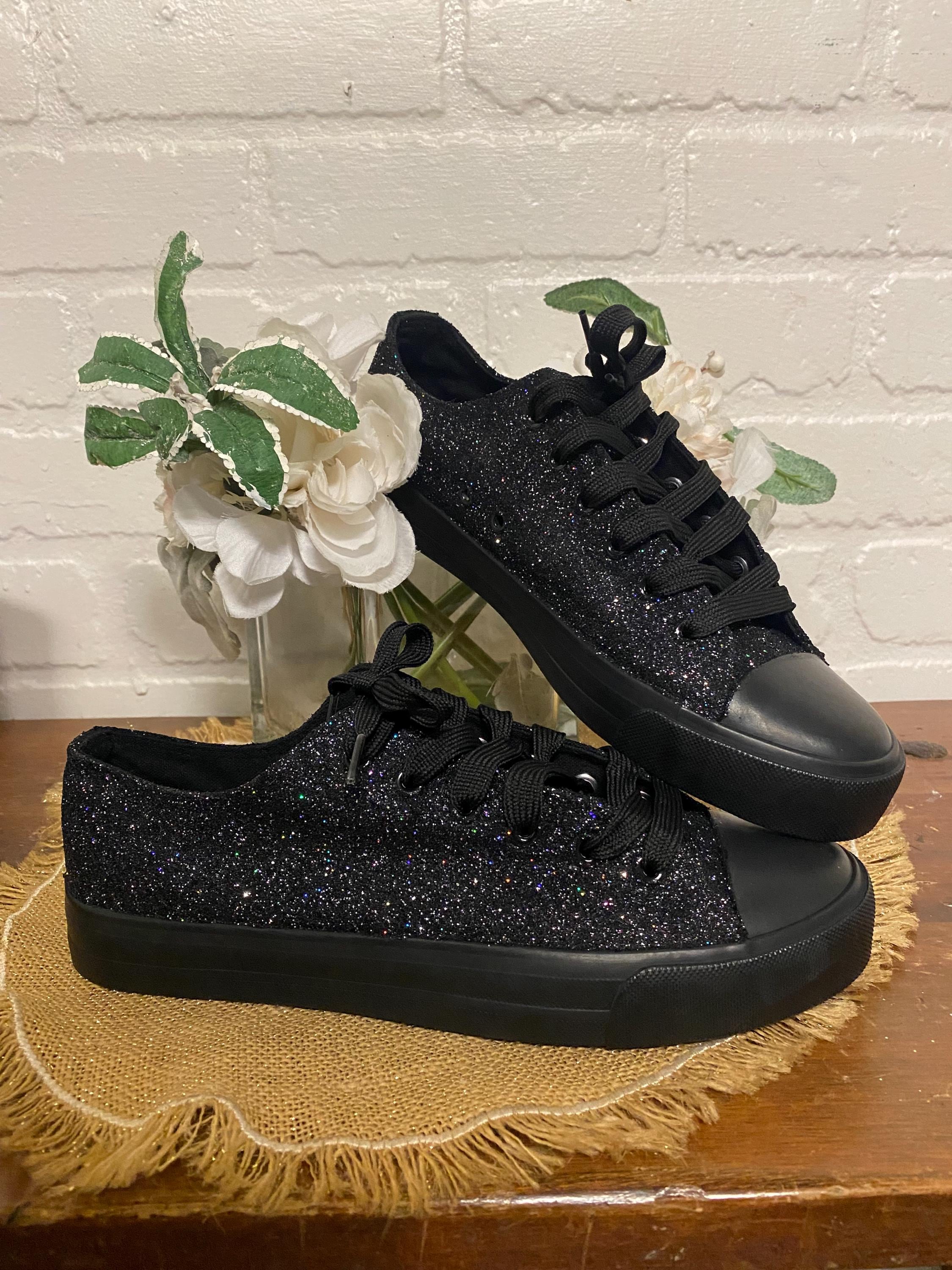 Tennis Shoes Womens Black Sequin Shoes Bling Lace Up Tennis Shoes