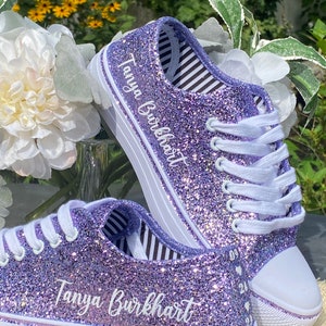 Personalized Lilac Purple Wedding Sneakers for Bride Sparkle, Glitter Sneakers for Wedding, Bachelorette Party, Sparkle Low Tops for her